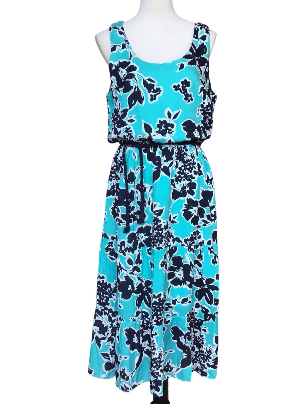 Tommy Hilfiger Blue Floral Sleeveless Tiered Midi Dress Size Large